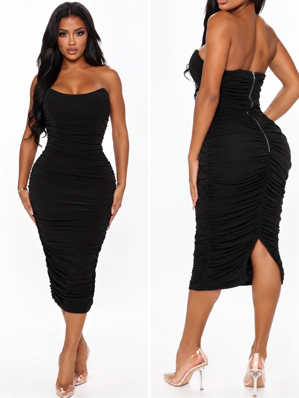 Strapless Ruched Midi Dress in Black